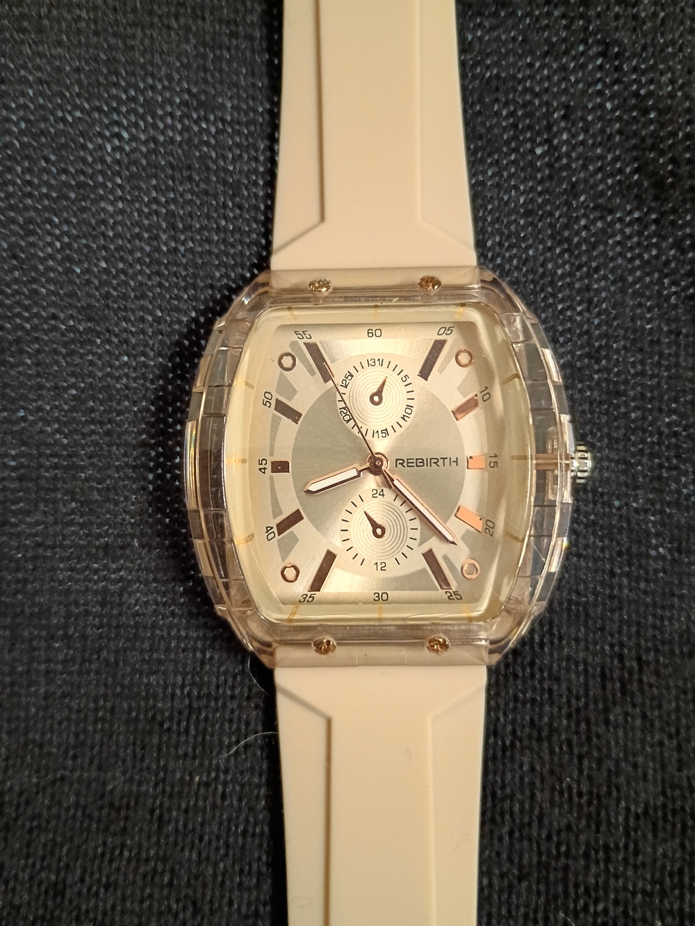 *NWOT* Women's Cream Silicone Strap Watch with Clear Case and Dual Subdials